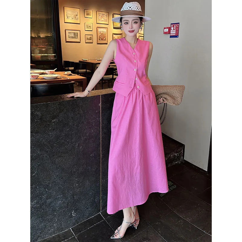

Chic mat Pink Suit Vest And Skirt Set Two Piece Suit for Women V Ne Faionable Summer Outfit Casual Workwear