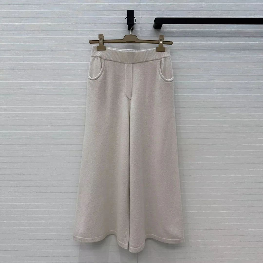 Luxury Old Money Style Wool Cashmere Knit Ankle Length Wide Leg Pants Women New Fall Winter Elastic High Waist Casual Trousers