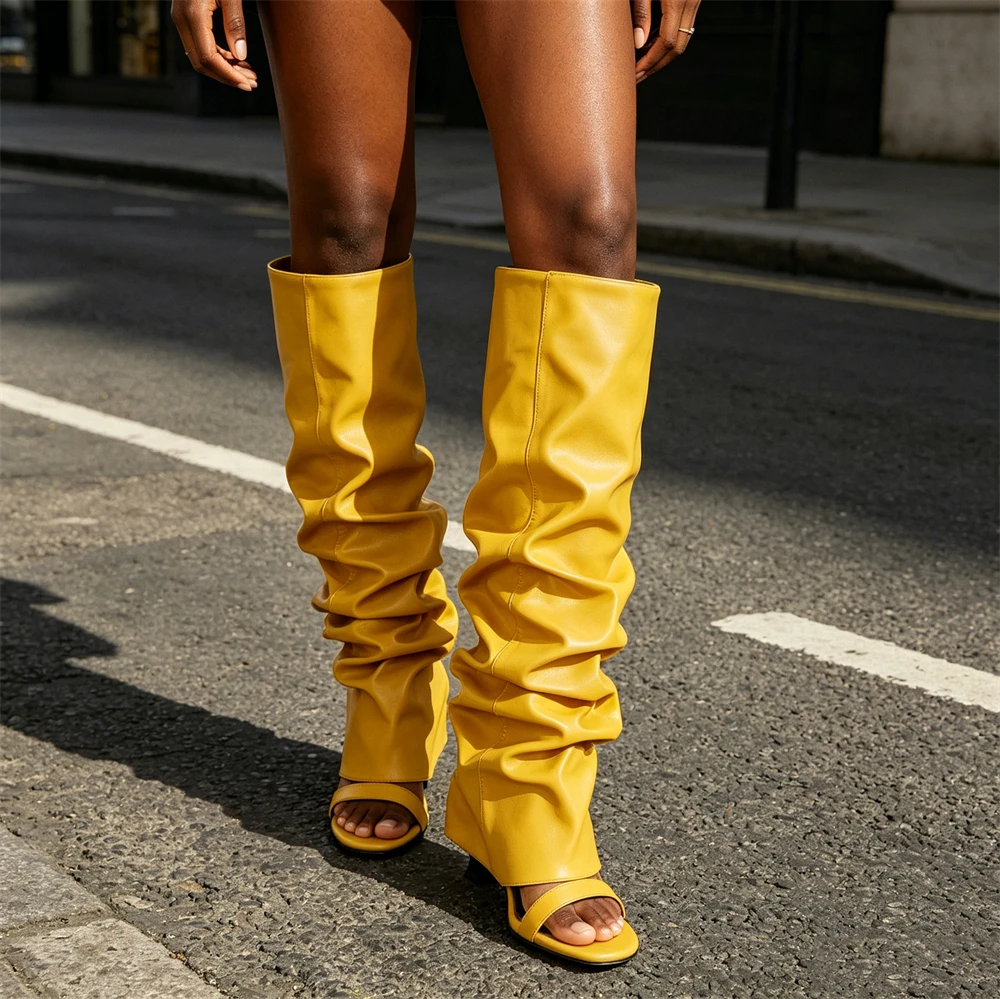 

Ruched PU Leather Knee High Boots Sandals Open Toe One Strap Irregular Heel Slouch Tall Boot Sexy Street Club Party Sandal Women