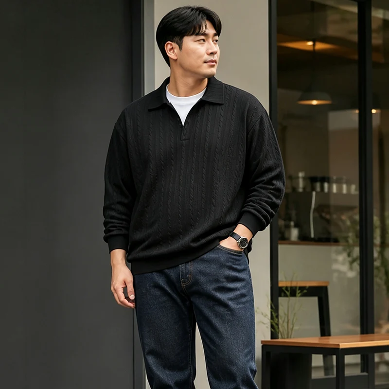 Übergrößen Herren Sweatshirt Schwarz, Zweiteiliges Design, Langarm Poloshirt, 5XL 6XL 7XL, 100-180kg, Große Größen Kleidung – Detail 2