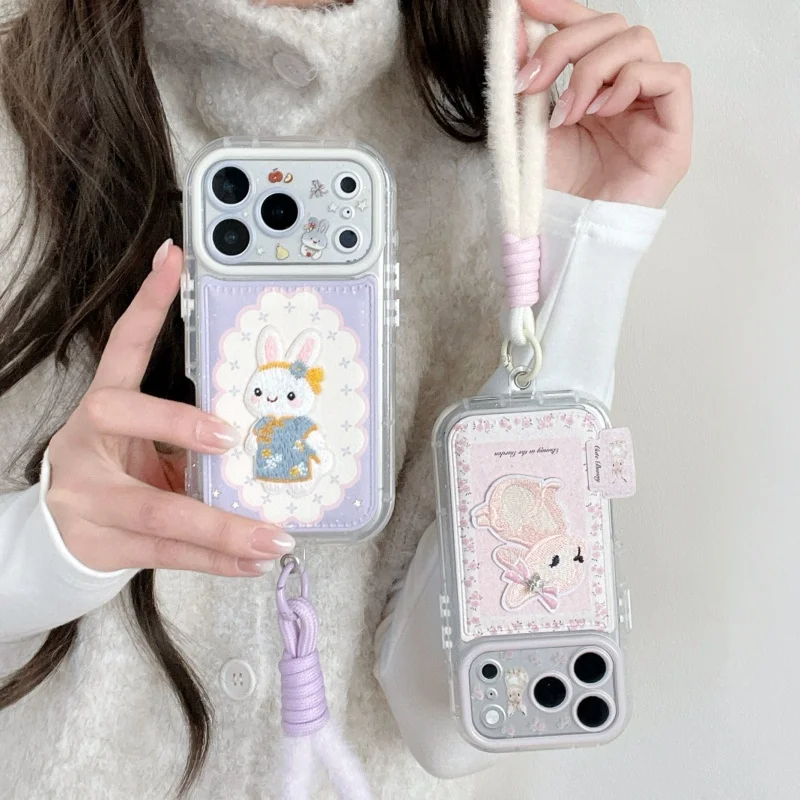 

Korean Embroidered Rabbit Flower Pattern Phone Case For iPhone 17 Pro 16 15 14 Pro Max Cover with Plush Hand Strap Cute Cases Fu