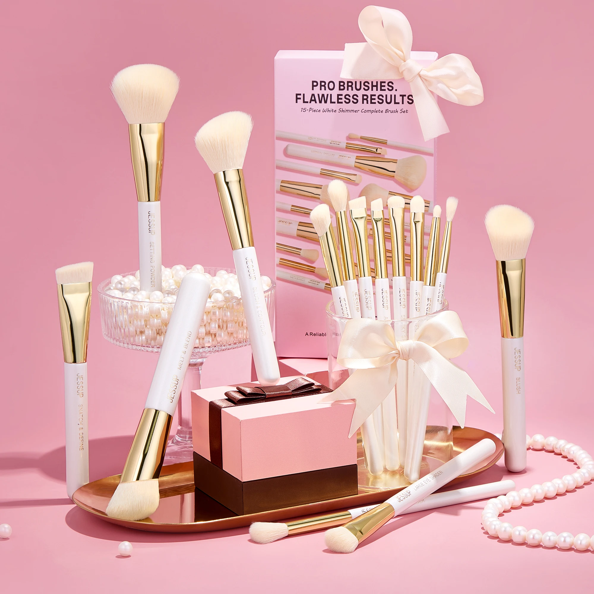 Jessup 15pcs Makeup Brushes Set Synthetic Soft White Shimmer Handle Foundation Contour Concealer Eyeshadow Cosmetic Tool T518 - view 6