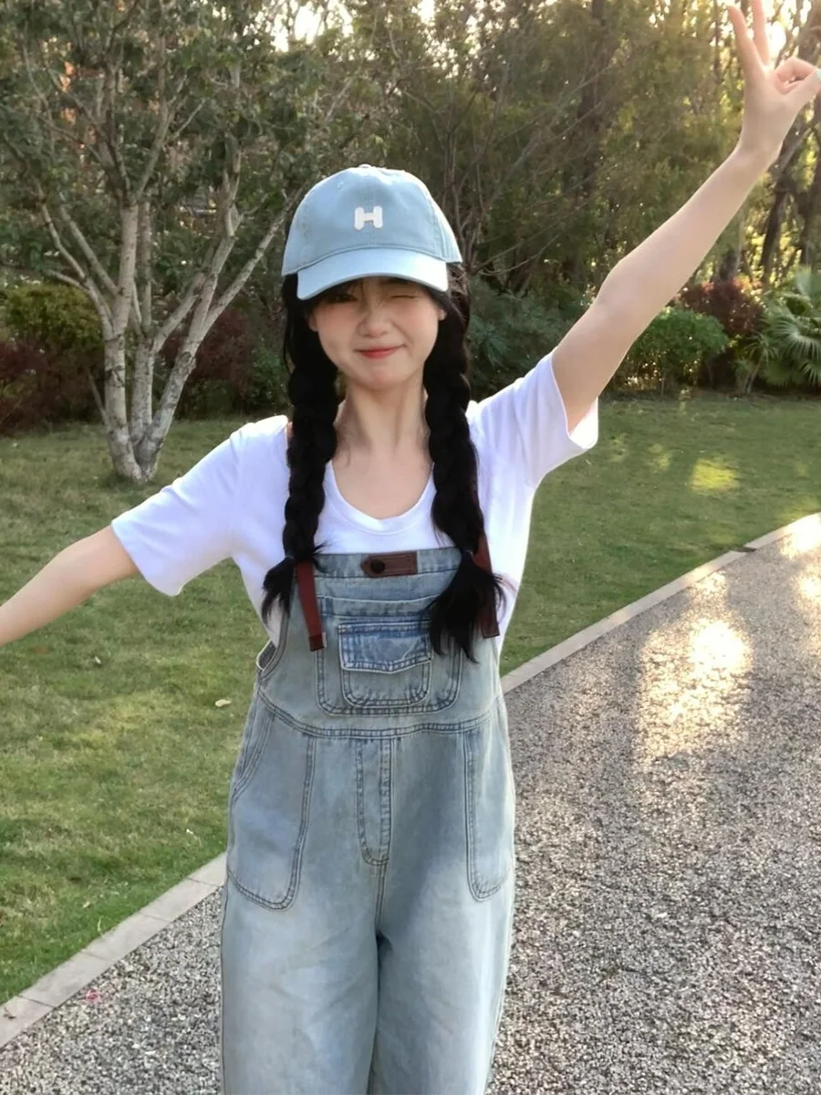 

Retro Japanese Style Brown Button Denim Overalls Women's Summer Small Size Straight Leg Wide Leg Anti-Wrinkle High Waist Jeans