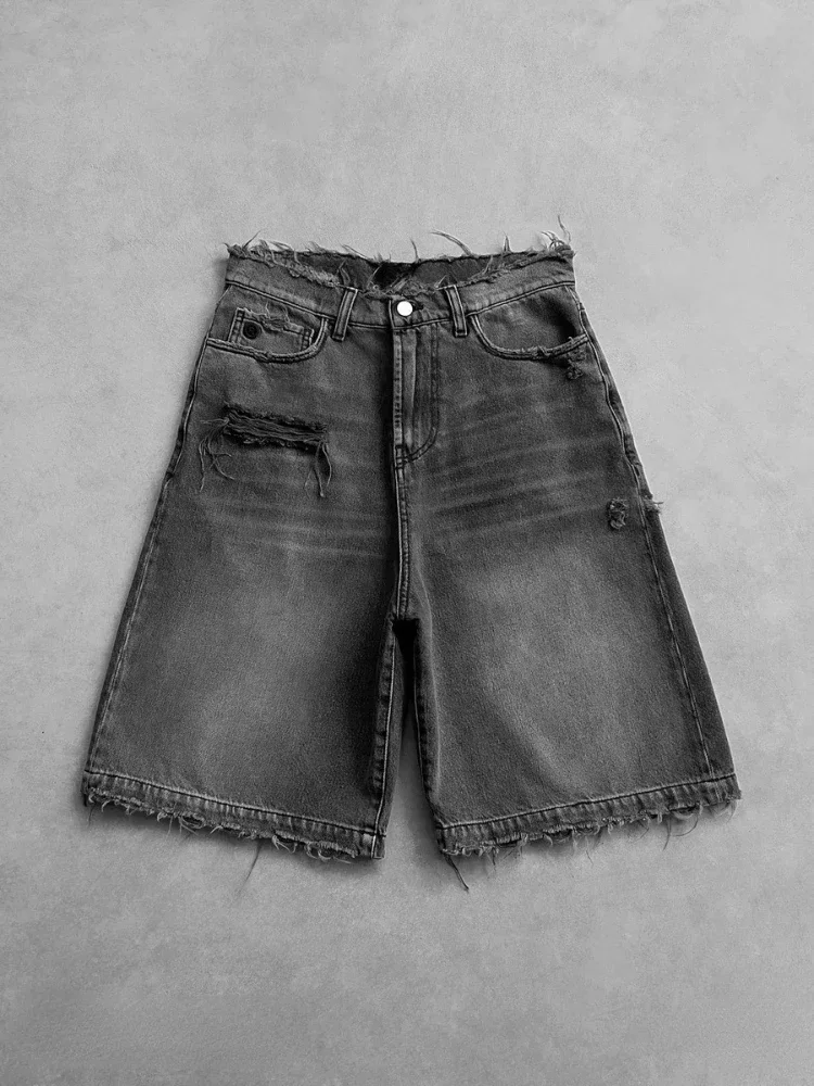 Deeptown Vintage Washed Ripped Short Jeans Women Wide Leg Blue Distressed Jorts American Retro Baggy Casual Streetwear Summer