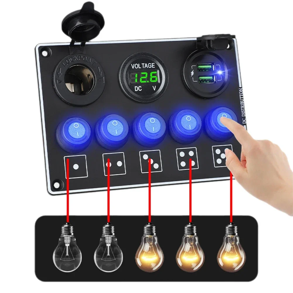 6 Gangs Super Fast Charge LED Voltmeter 12V/24V Car RV Modification Accessories Waterproof Dual QC3.0 Mobile Phone Charger Panel