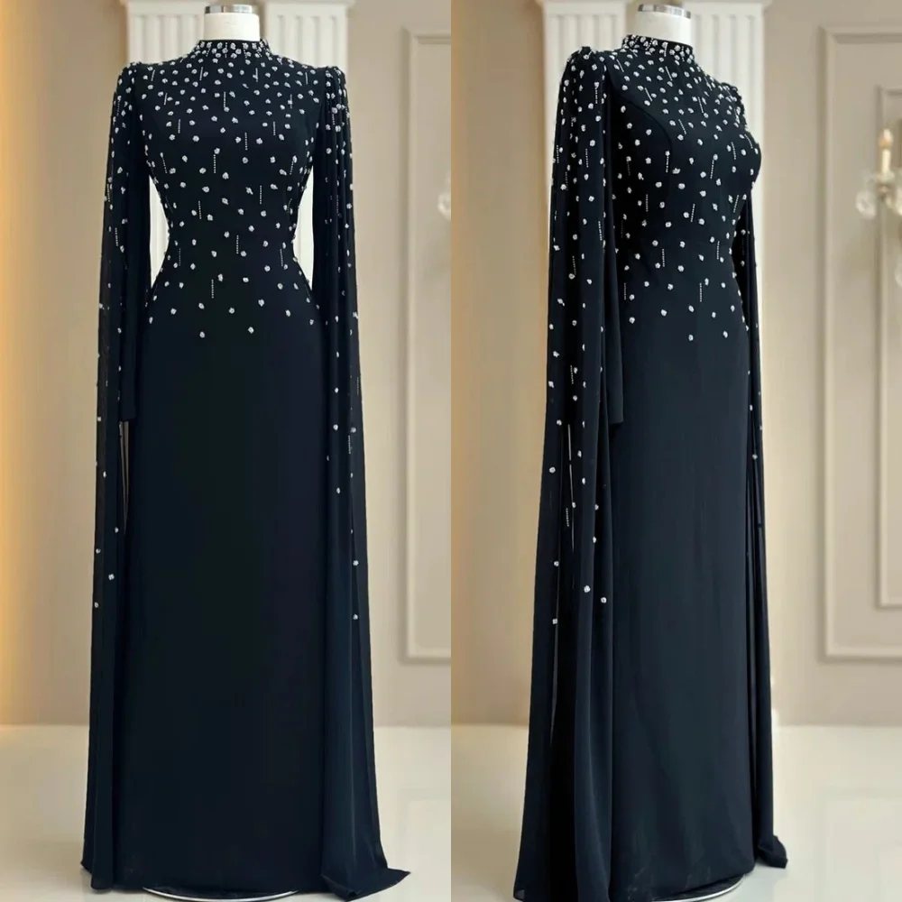 

Customized Glitter High Collar Long Sleeves Black Long Dresses Bespoke Occasion Saudi Arabian Formal Luxury Evening Dress