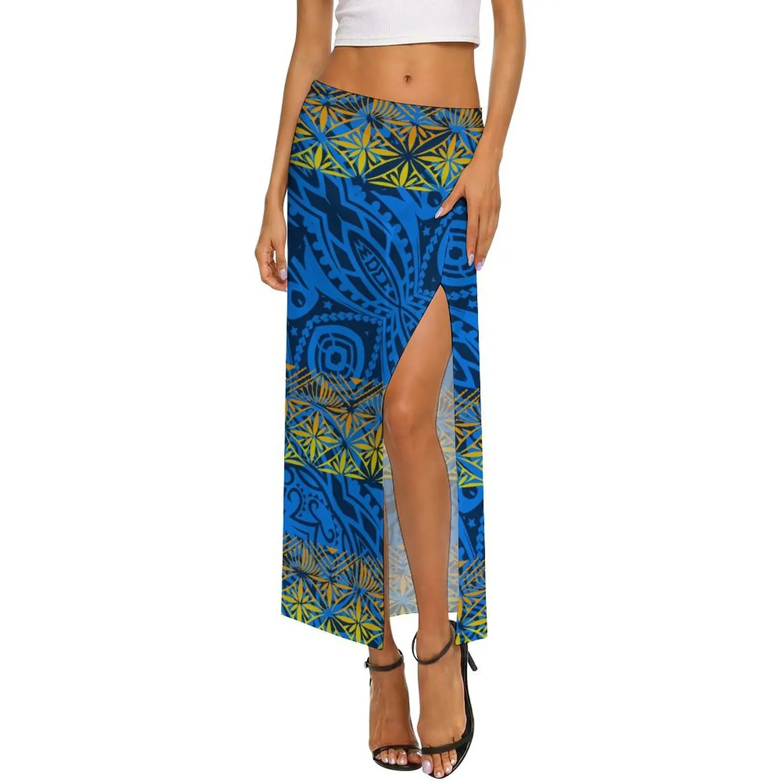 2026 Summer New Design High-Quality Customizable Tribal Style Women'S Polynesian-Style Transparent Net Sate Skirt With Slit