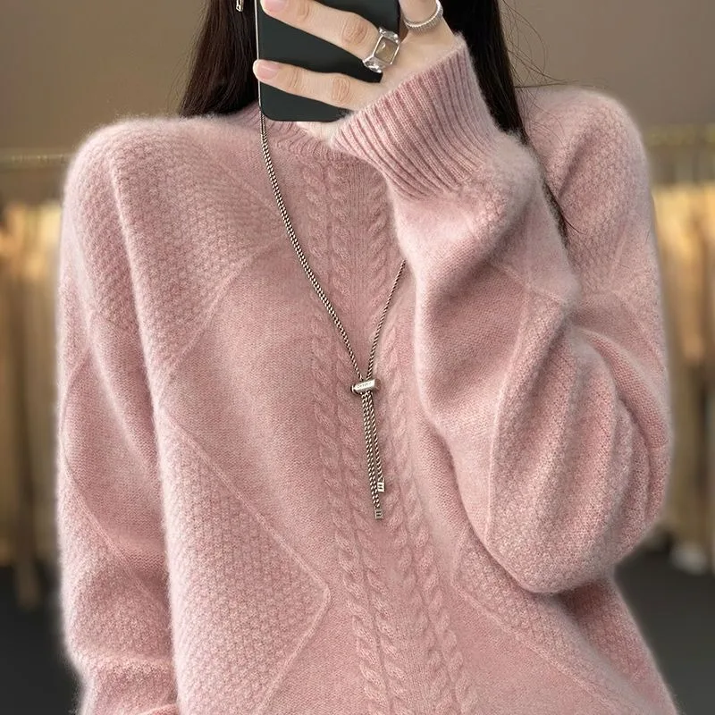 

Ordos City 100% Pure Cashmere Half-turtleneck Cardigan Women Thick Cashmere Sweater Loose Undershirt Fashion Comfortable Sweater