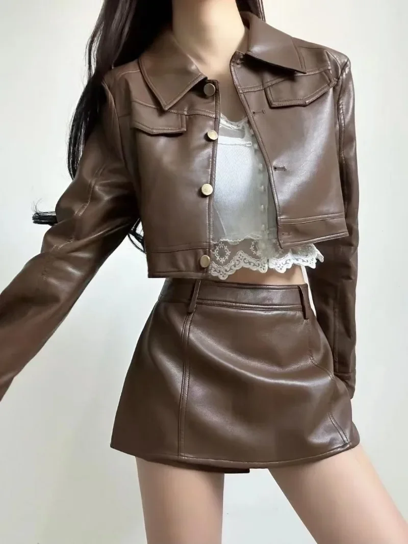 Retro Polo Collar Leather Coat Skirt Two Piece Set Women Cool Temperament Solid Single Breasted Fashion Short Slim Spring Suit