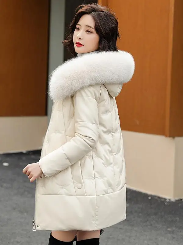 Invierno 2025 abrigo de piel auténtica con cuello de piel de longitud media para mujer abrigo de piel con capucha para ir al trabajo Sle