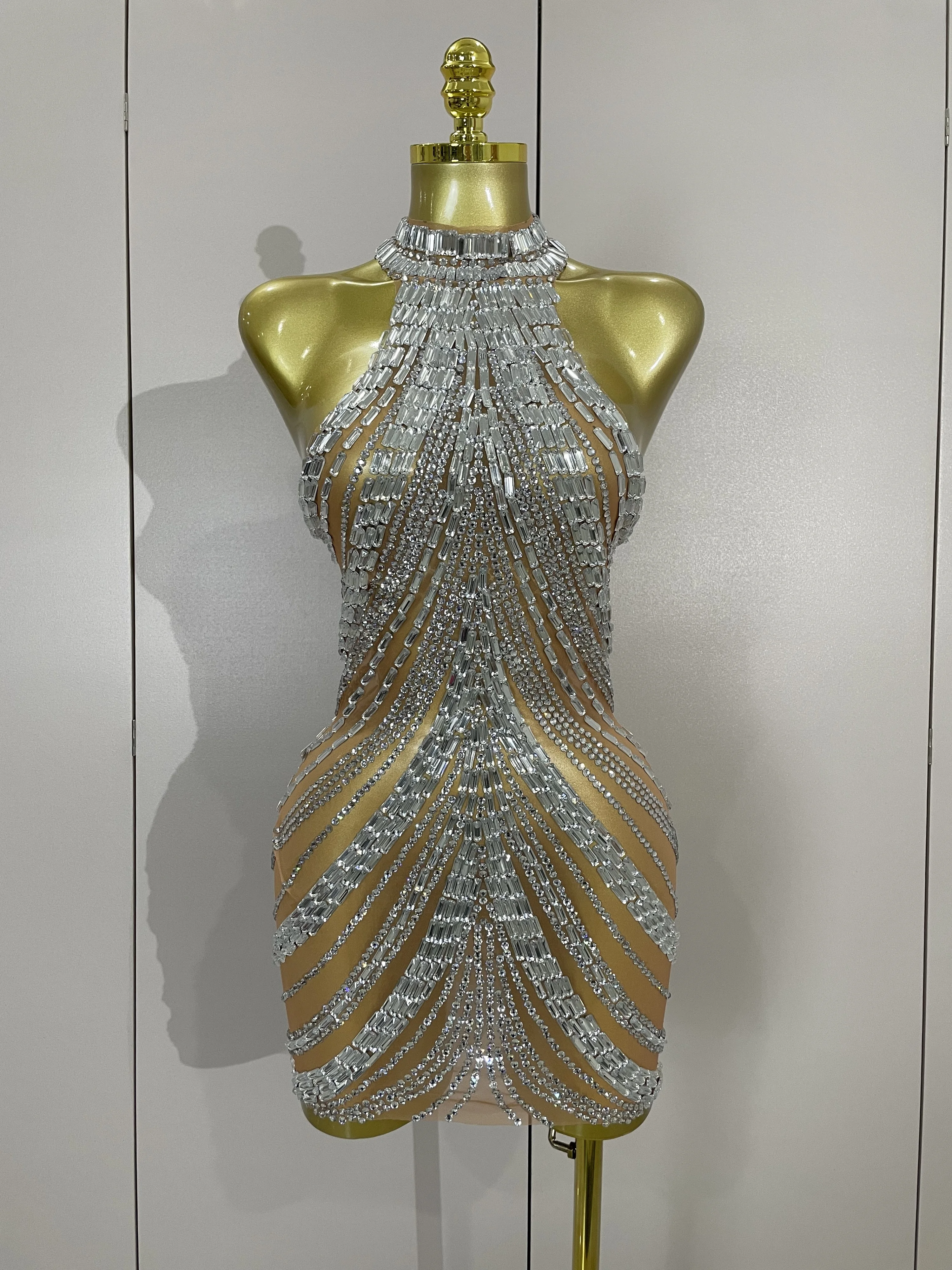 Sexy brilhante prata strass malha transparente mini vestido feminino noite celebrar festa de aniversário nnigthclub palco traje