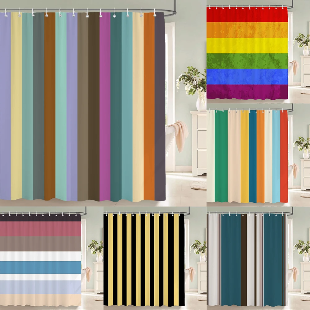 

1 Pcs Shower Curtain Color stripe Printed Bathroom Curtain Polyester Cloth Waterproof Home Decoration Curtain with Hooks