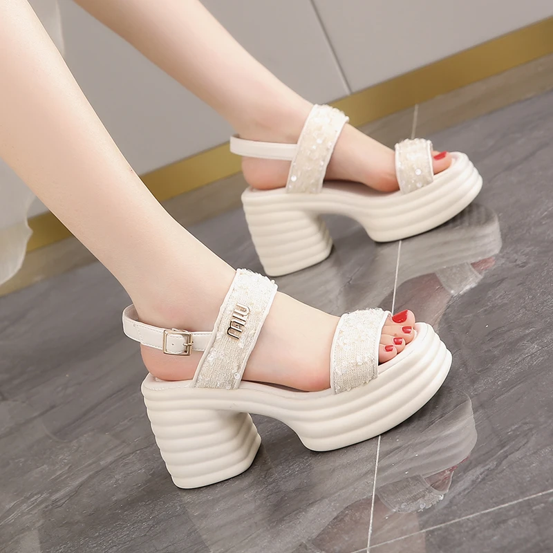 9CM High Heels Women Slippers Chunky Pumps Ladies Strap Slides Luxury Platform Beach Women Shoes Flip Flop 2024 Summer sandal