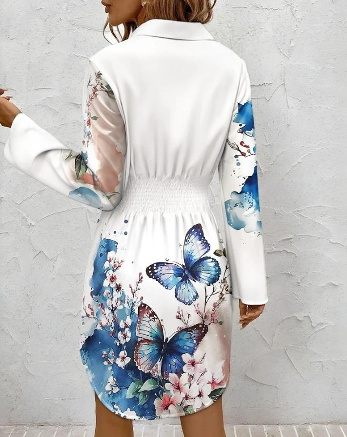 Butterfly print lapel long sleeved casual shirt dress for spring/summer 2025 new women's clothing