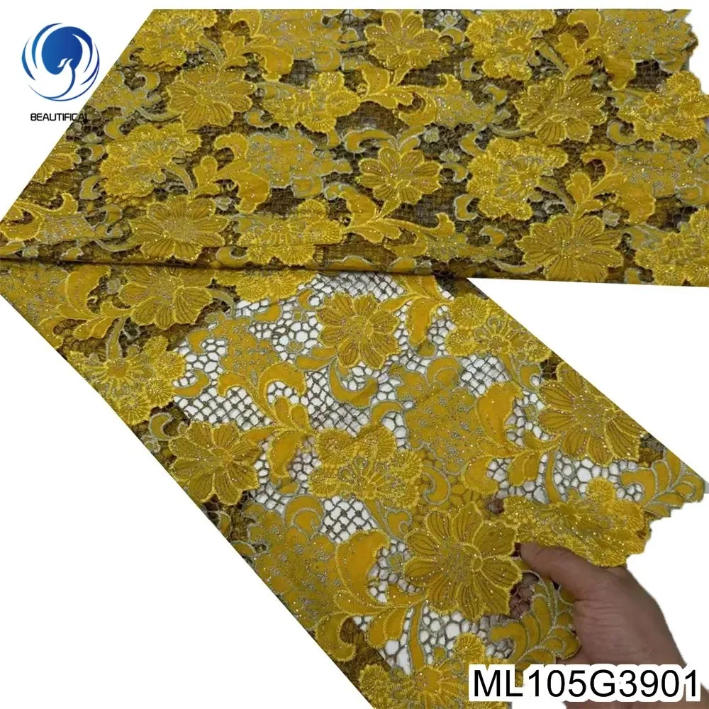 

Beautiful Floral， Fine Embroidery Crafts, Nigerian Guipure Water Soluble Cord Lace Fabric, Hot Drilling Evening Dress，ML105G39