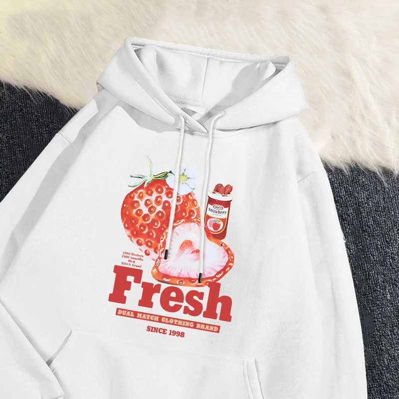 Trend Womens Hoodie Fresh Strawberry American Retro Creative Prints Sweatshirt Fleece Comfortable Pocket Pullover Cartoons Tops