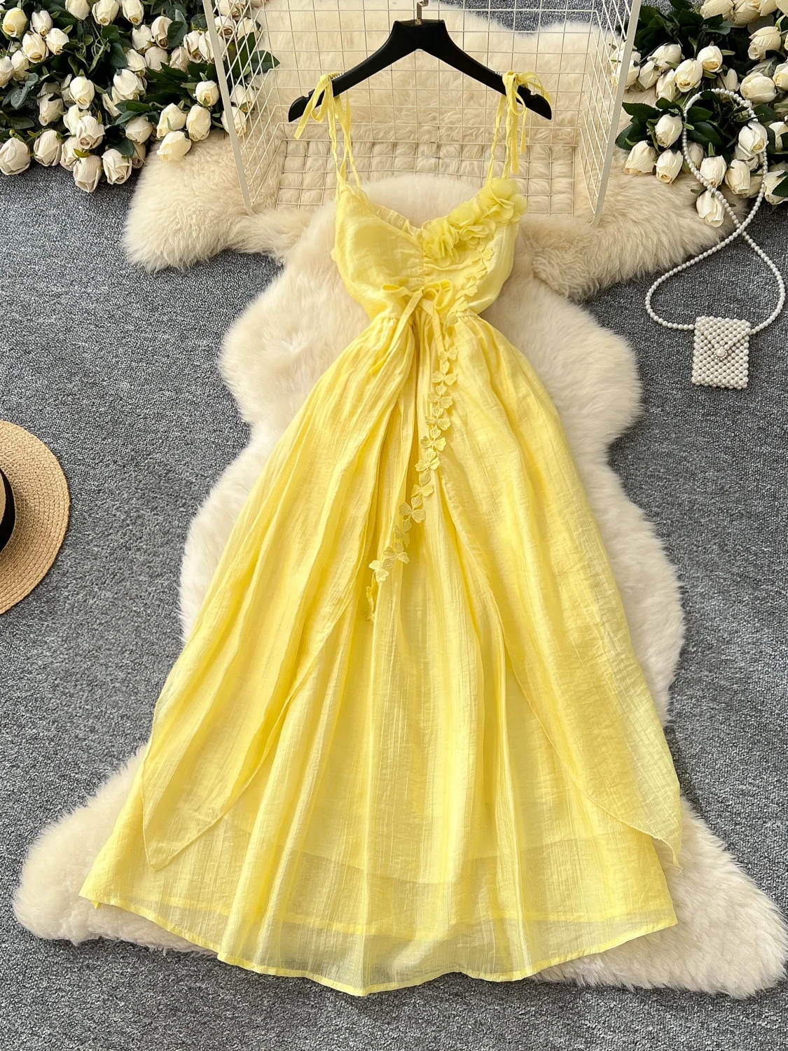 Beach Vaion Irregular Hem Strapl Waist Cinched Floral 3D Design Summer New Sle Women's Dr Korean Sle High Waist