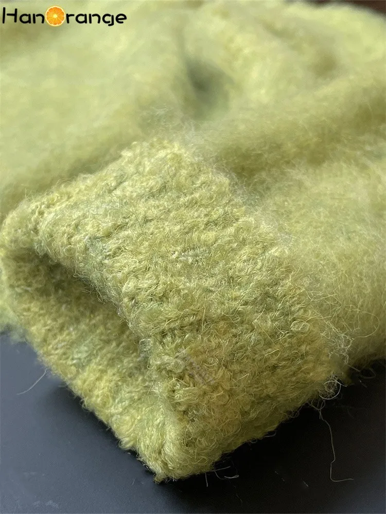 HanOrange 2024 Autumn Winter Woolen Loop Yarn Wool Sweater Women Soft Loose Grass Green Top