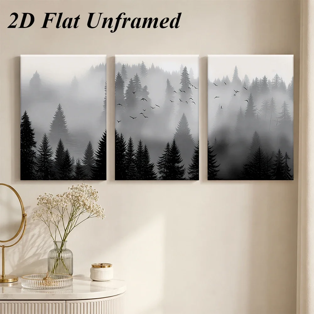 3pcs frameless canvas painting 1 set of Forest Mist Triple Unframed Decorative Painting with Black, White, and Gray Artistic Lan