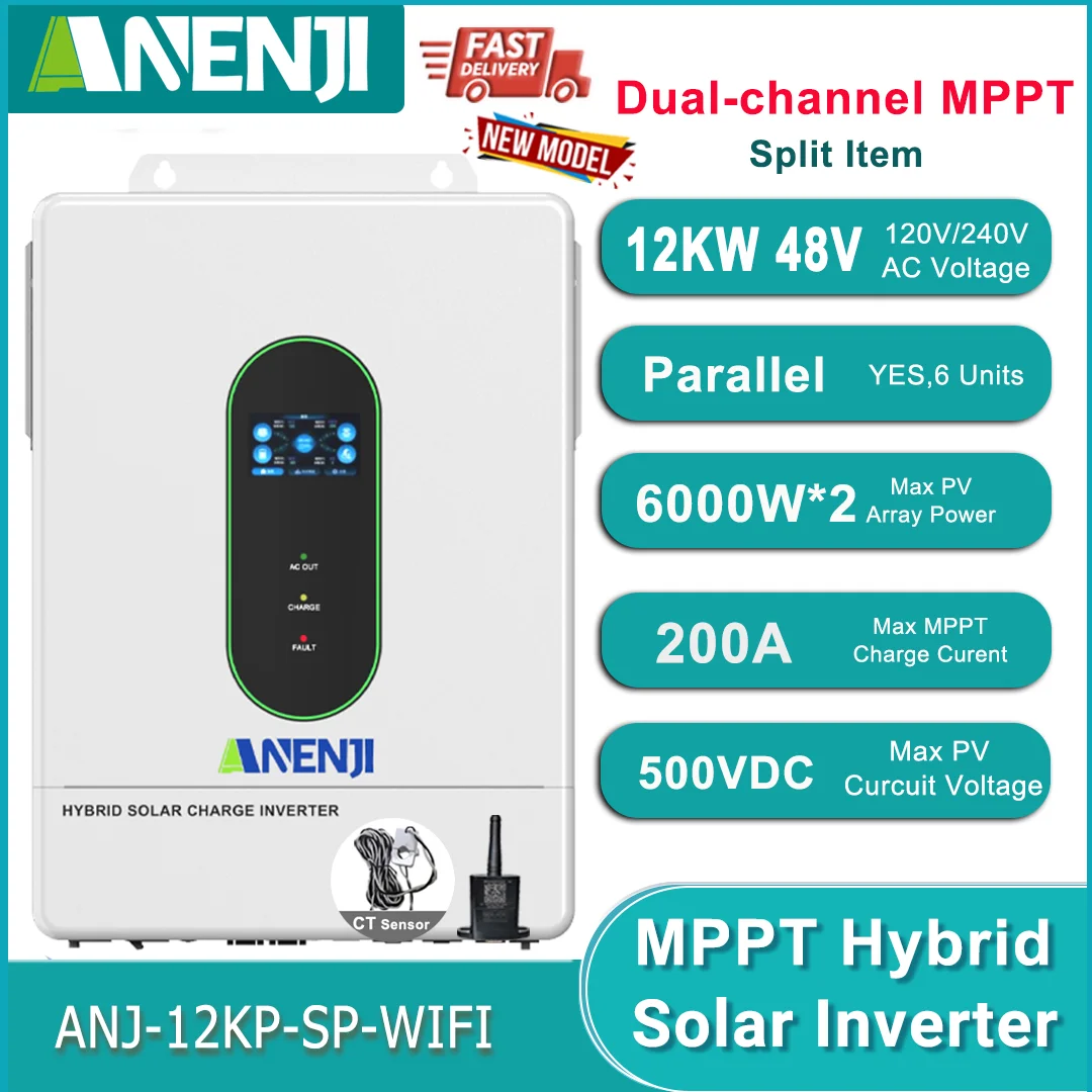 

12KW 110V/230V 48V Hybrid Solar Inverter Touch Screen Parallel Dual MPPT 200A PV 500VDC Pure Sine Wave with WiFi CT Sensor