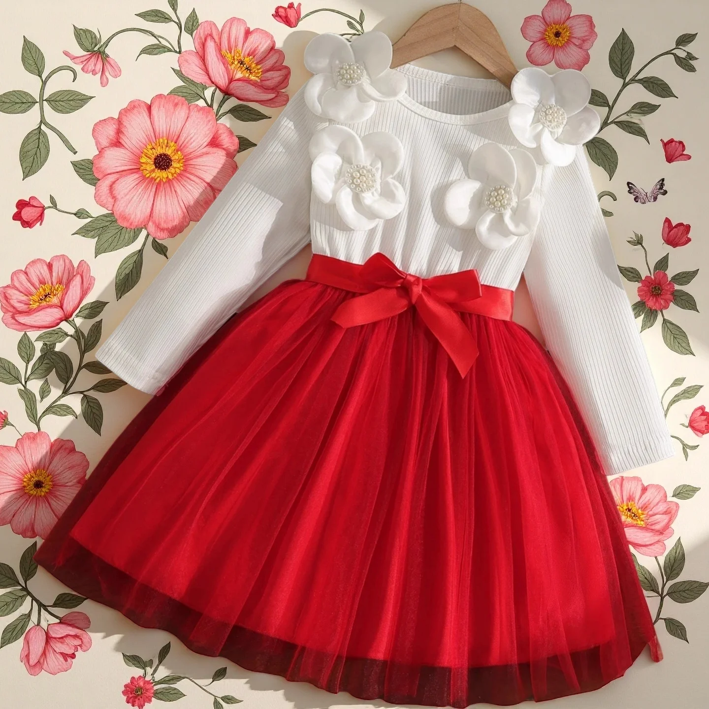 

Baby Girls' Christmas Mesh Dress With Bow Belt Long Sleeve Costumes Dresses For Kids Girls Fall/Winter Outfits For Parties 4-7y