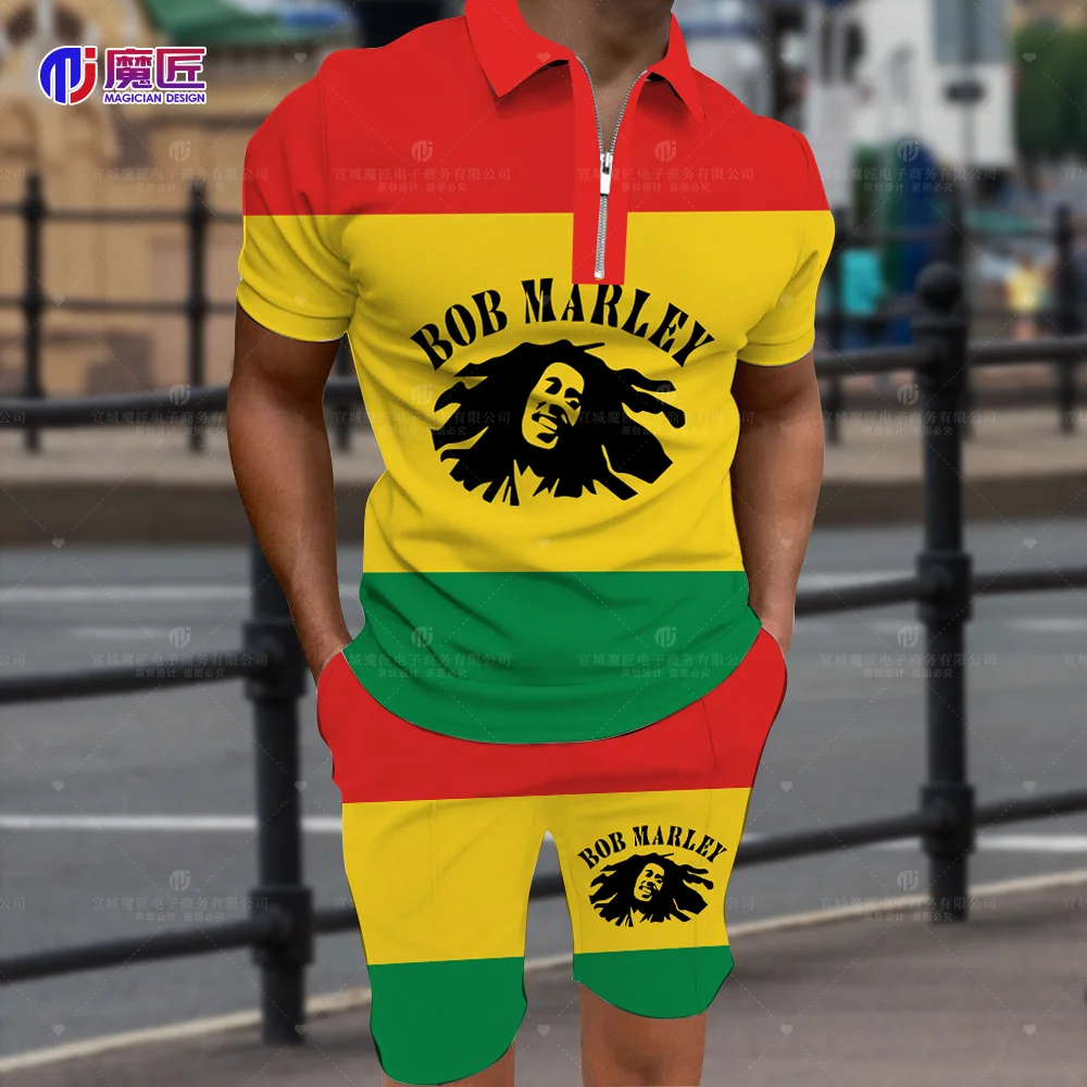 Bob Marley Short-Sleeved POLO Shirt Lapel Suit Sports Meeting Fashion Men\'s Shirt + Shorts Casual 2-Piece Fitness Running Suit