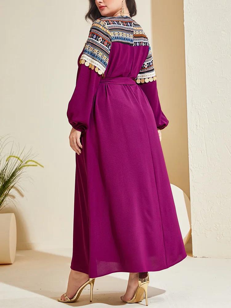 GIBSIE Plus Size Ethnic Style Sequined Belted Long Dress Women 2026 Spring New Vintage Long Sleeve Slim Elegant A-Line Dresses