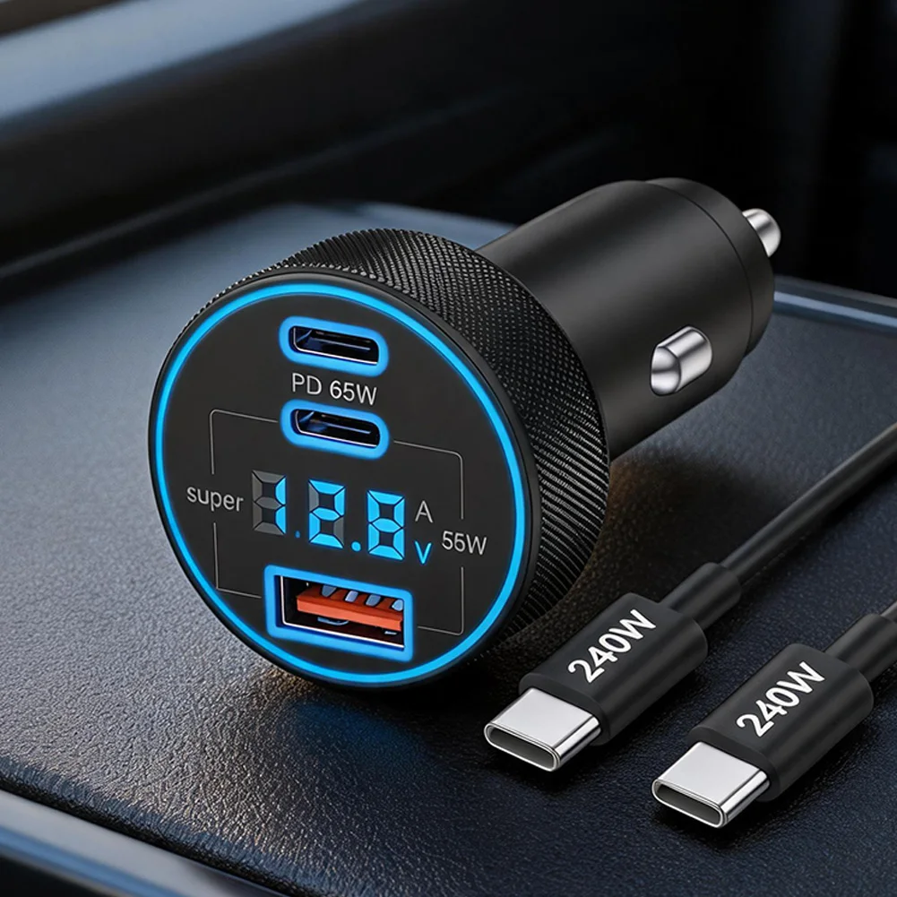 120W for Fast Charging Car Adapter with for dual Ports Supporting for e-mark Cable Recognition and One USB-A Port for Legacy