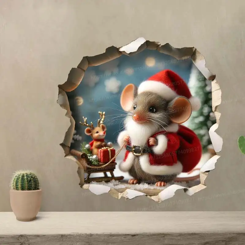 Christmas Mouse - Whimsical Mouse Hole Wall Decal Sticker - 3D Cute Home Decor Mural - Funny Holiday Mouse Design M1067