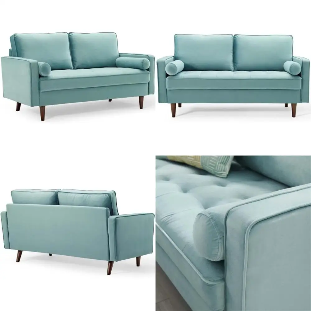 مقعد Loveseat مخملي حديث باللون الأخضر النعناعي مع لمسات الجوز - أثاث غرفة معيشة مريح وأنيق