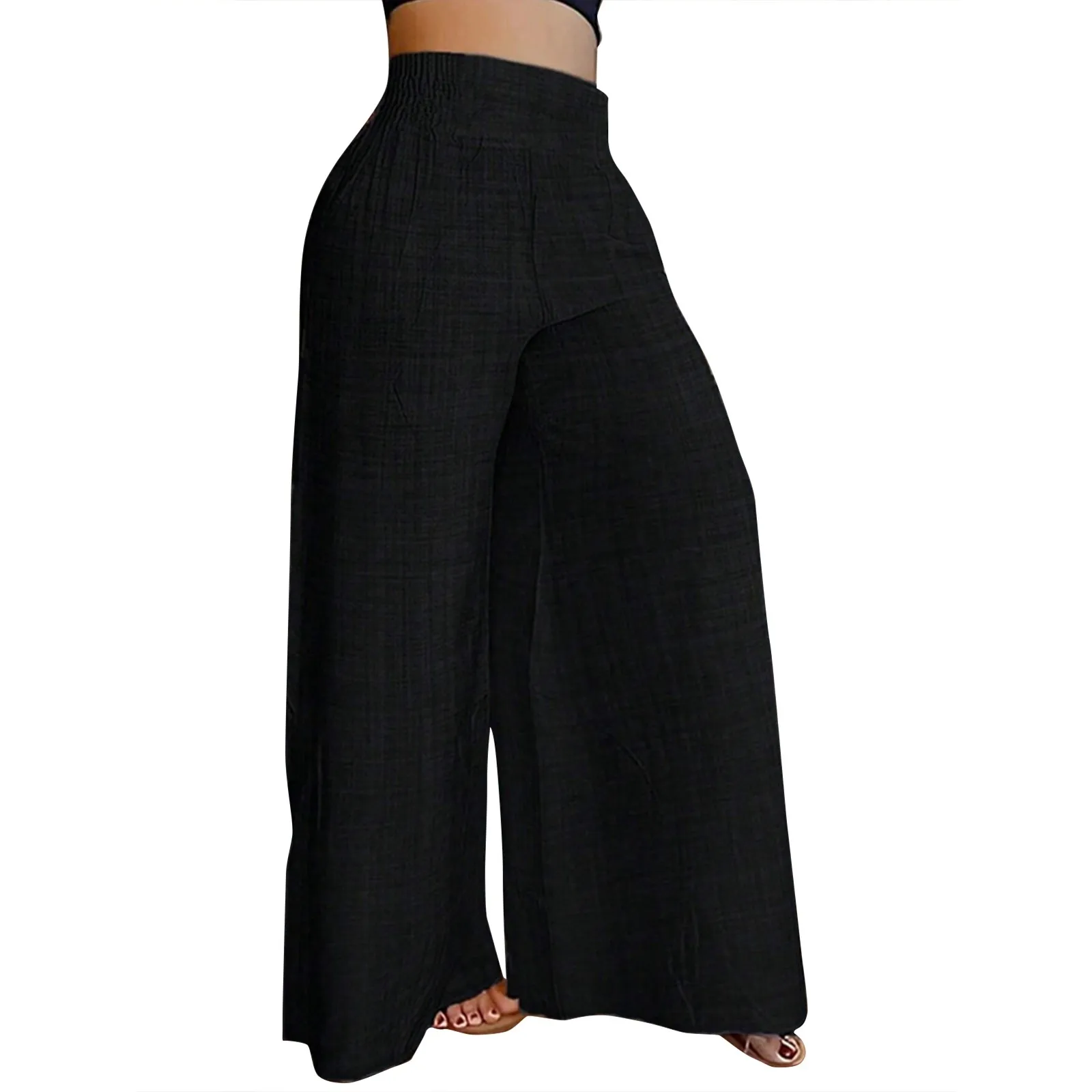 สตรีแฟชั่นสบายๆกางเกงฤดูร้อนใหม่สีทึบเอวสูงหลวมกางเกงขากว้างทุกวันเดินทาง Comfy กางเกง