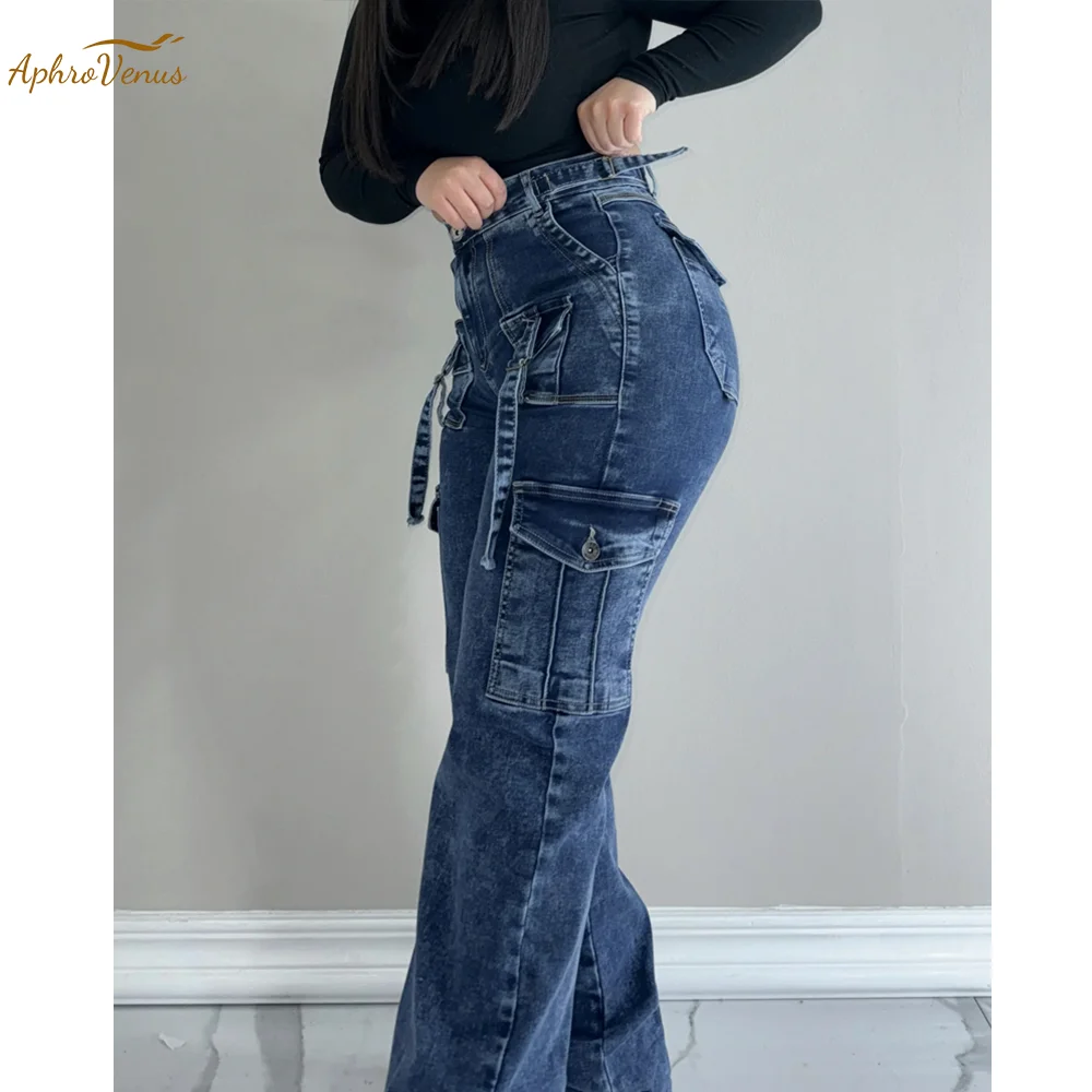 Fashion Women Streetwear Side Pocket Cargo Straight Denim Straight Safari Style Jeans Wide Leg Jeans Trousers Hip-hop Streetwear