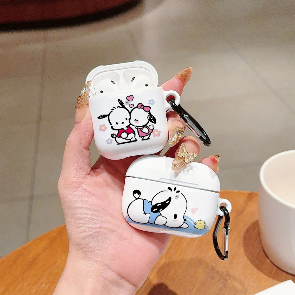 Cute Anime Pochacco Shockproof Protective Glossy HD Hard PC Earphone Cover Case For AirPods 1 2 3 Pro Pro2 with Metal Hook