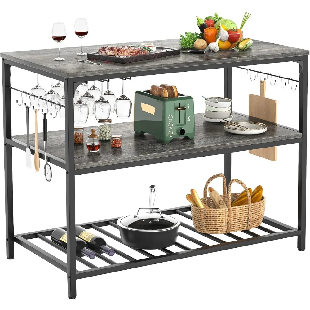 

Kitchen Island with Wine Glass Holder, Industrial Wood and Metal Coffee Bar Wine Rack Table 3 Tier Spacious Prep Table Black Oak