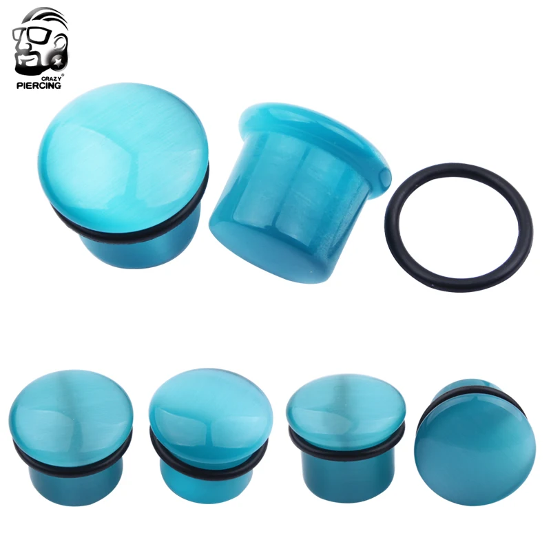 2pcs Lake Blue Color Flesh Ear Gauges Natural Single Ear Plug and Tunnels with O-ring Earring Piercing Oreja for Women Men Gift