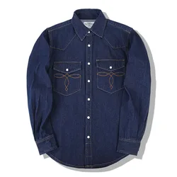 Camisa jeans de manga comprida masculina, algodão azul, ombro drop, bolsos de botão, cowboy, camisa casual solta de jeans, nova, 2023