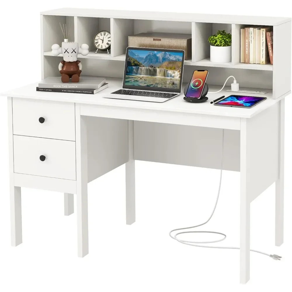 White Desk with Drawers & Hutch, Writing Study with Charging Station, Laptop Desk with 5 Storage Compartments