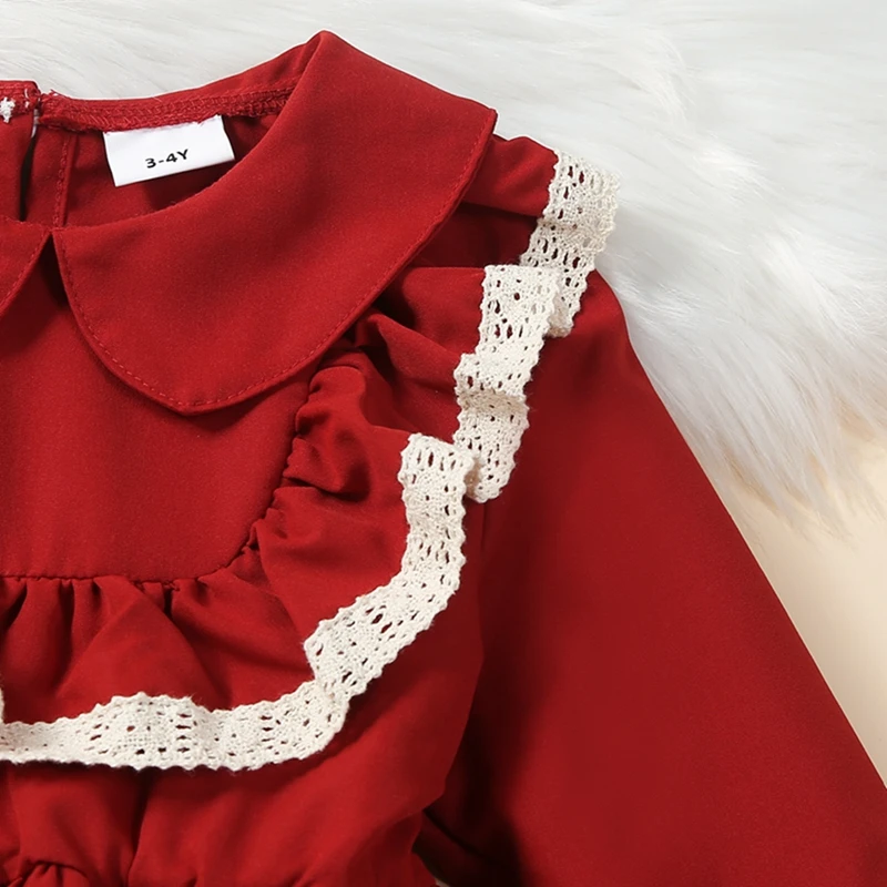 Robe de Noël pour enfants avec bordure en dentelle, manches longues, col claudine, mini robe froncée, col rond