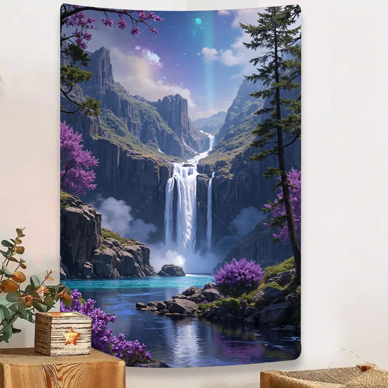 

1pc Wall Tapestry "Enchanted Waterfall Tapestry - Purple Floral & Mountain Landscape Decor"