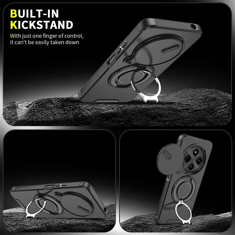 For Xiaomi Redmi 14C 4G 6.88 inches Case Heavy Duty Armor Plastic TPU Frame Magnetic Ring Holder Slide Push Window Back Cover