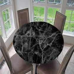 Round Fitted Luxe Black and White Marble Texture Table Cloth Oilproof Waterproof Tablecloth Table Cover Backed with Elastic Edge