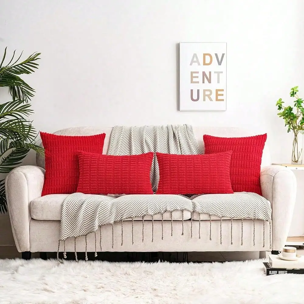

50 Red Corduroy Decorative Throw Pillow Covers 18x18 Inch, Pack Of 2, Soft Striped Farmhouse Boho Cushion Cases For Couch Sofa