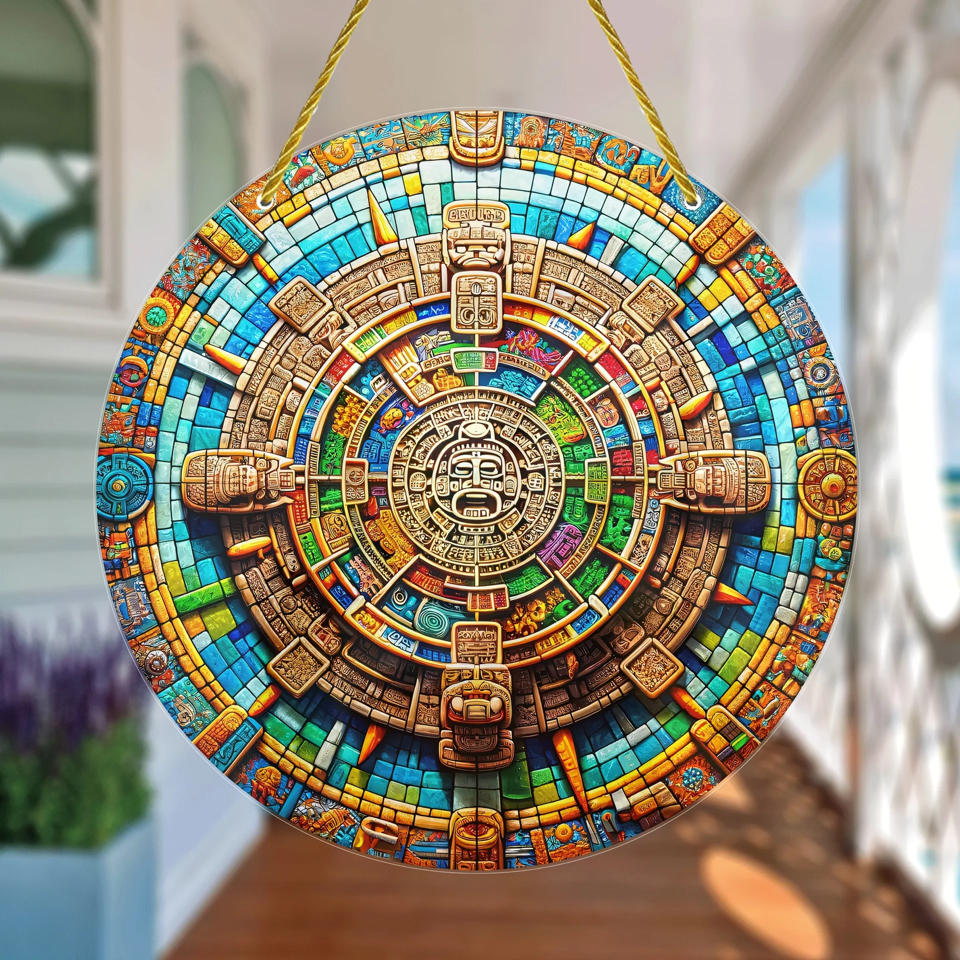 

Aztec and Mayan style round corded glass window pendant porch plaque pendant