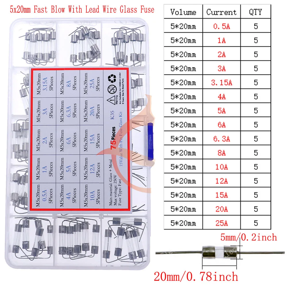 12V-250V Slow Fast Glass Fuse With Lead Wire Mix kit 0.1A 0.25A 0.5A 1A 2A 2.5A 3A 3.15A 4A 5A 6A 6.3A 8A 10A 15A 16A 20A 30A