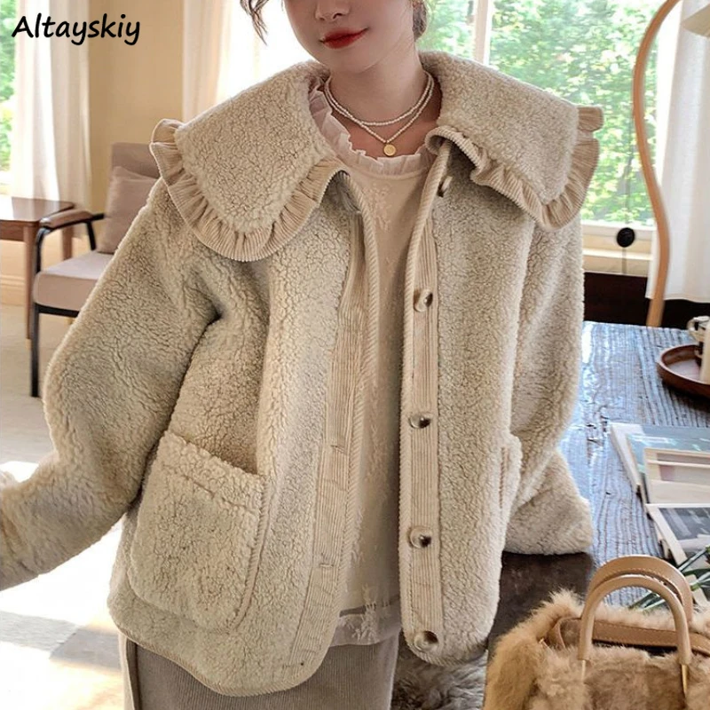 Jackets Women Velvet Winter Lovely Peter Pan Collar Loose Gentle Ruffles Girlish Chic Aesthetic Outerwear Thick Vintage Harajuku