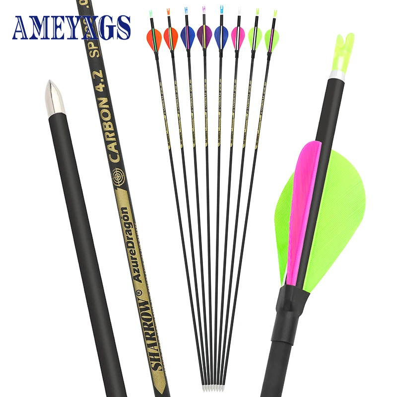 

12pcs Archery Pure Carbon Arrows Water-drop Turkey Feather ID 4.2mm Spine 700/800/900/1000 for Bow Shooting Hunting Training