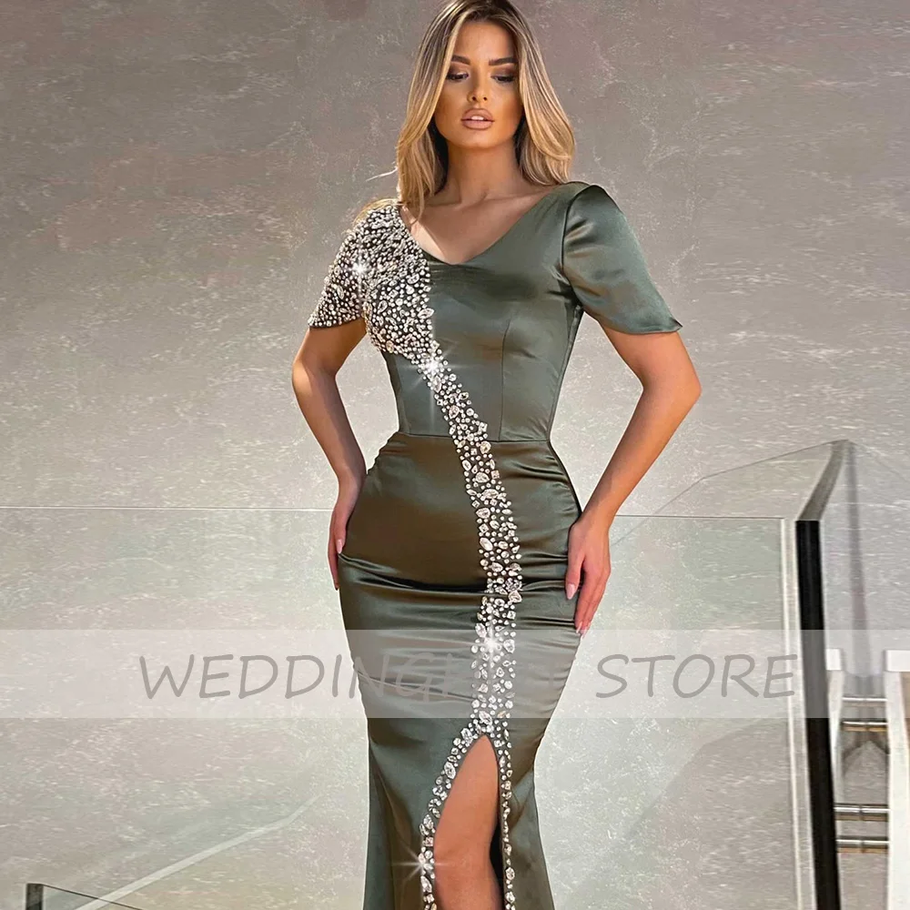 V-hals Avondjurken 2022 Prachtige Kralen Korte Mouwen Mermaid Party Dress Green Satin Sexy Side Split Rits Baljurken