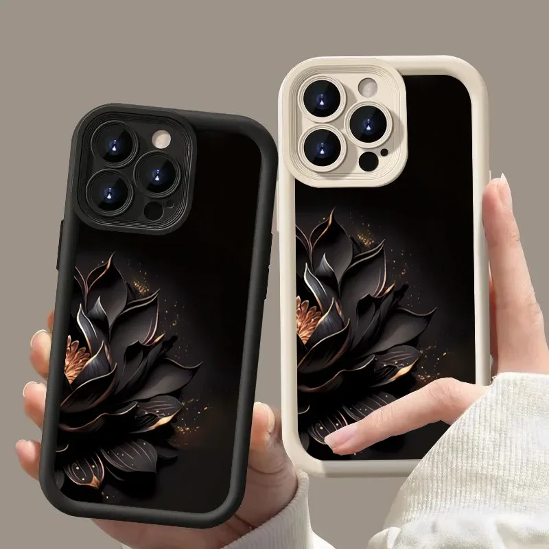 Phone Case for IPhone 15 Case for IPhone 13 11 14 15 Pro Max 7 8 Plus XS X XR SE2 Black Lotus Flower Shockproof Soft Cover