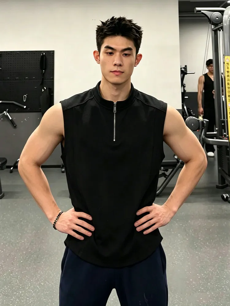 American Style Deconstructed Half Zipper Sports Vest Men's Summer Trendy Sleeveless T-Shirt Fitness Training Shoulder Pad