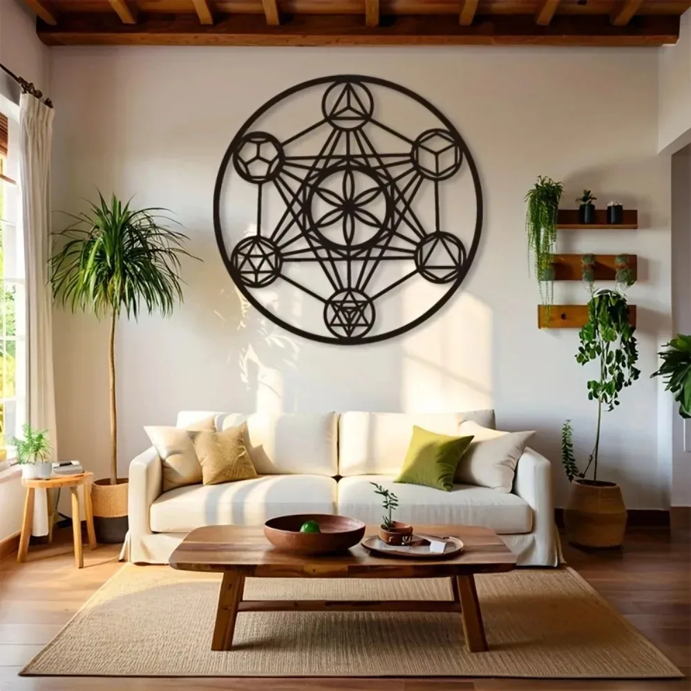Metal Metatron's Cube Wall Art, Sacred Geometry Metal Sign for Living Room Bedroom Study, Minimalist Black Metal Decor